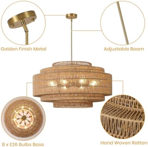 31.5" Large Rattan Chandelier, 8-Light Boho Drum Light