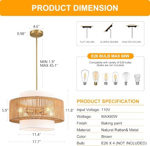 17.7" Boho Rattan 4-Light Chandelier