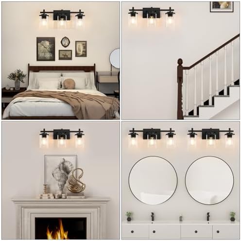 3-Light Black Bathroom Vanity Light with Clear Glass Shade