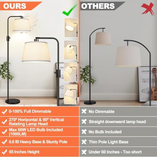 Nintiue Dimmable Arc Floor Lamp, Linen Shade, Black