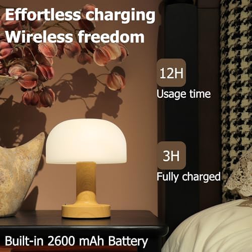 Cordless Rechargeable Mushroom Table Lamp, 3-Color Dimmable