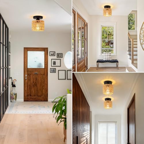 Farmhouse Semi Flush Mount Ceiling Light, 1-Pack, Boho Rattan