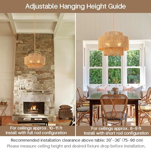 24'' Boho Rattan Chandelier, 4-Light Hand-Woven Wicker Pendant Lamp