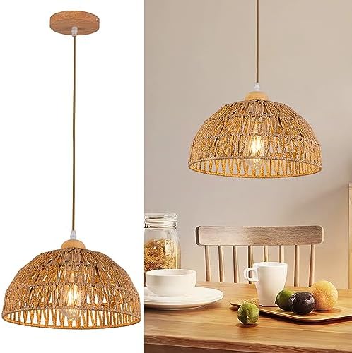 Boho Rattan Pendant Light with Wooden Base