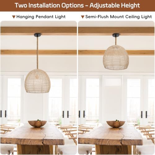 19.6" 1-Light Farmhouse Rattan Chandelier