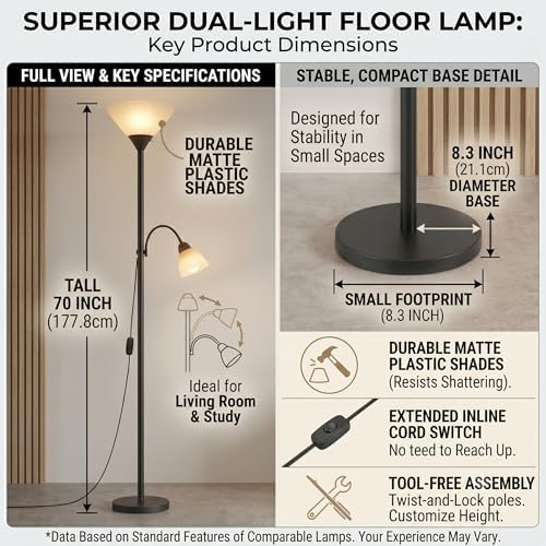 Modern 2-in-1 Torchiere Floor Lamp with Reading Light, Black