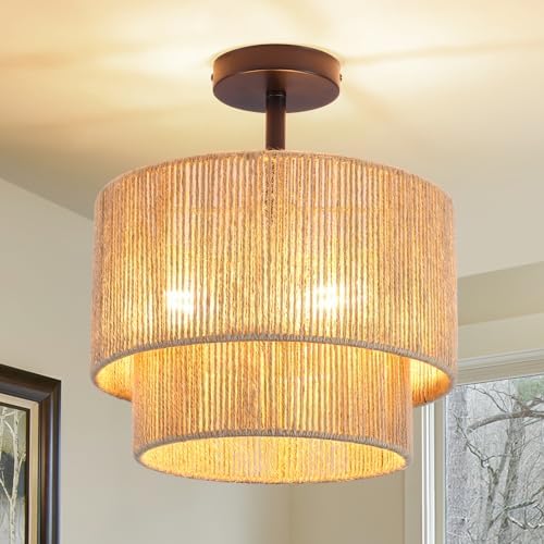12.6" 3-Light Black Rattan Ceiling Light