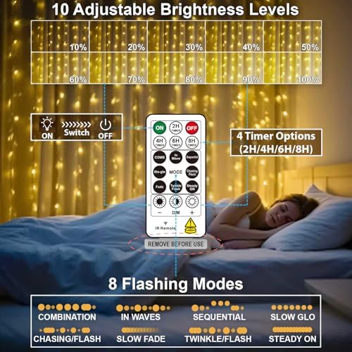 HXWEIYE 300LED Fairy Curtain Lights, 9.8x9.8Ft USB, Remote, 8 Modes &