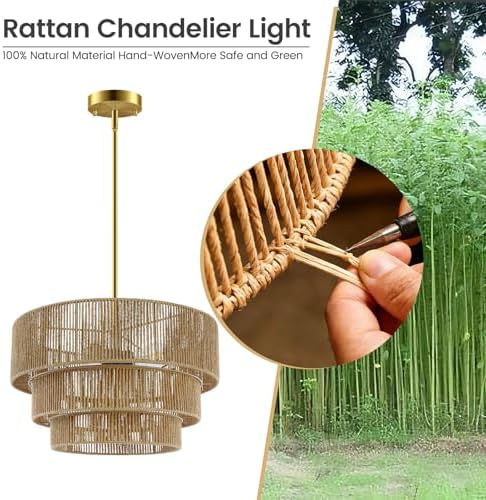 Boho Rattan Chandelier Light,3 Light Hand Woven Pendant Lamp