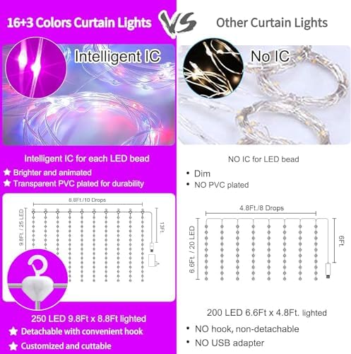 250 LED Curtain Lights, 9.8 X 8.8 FT