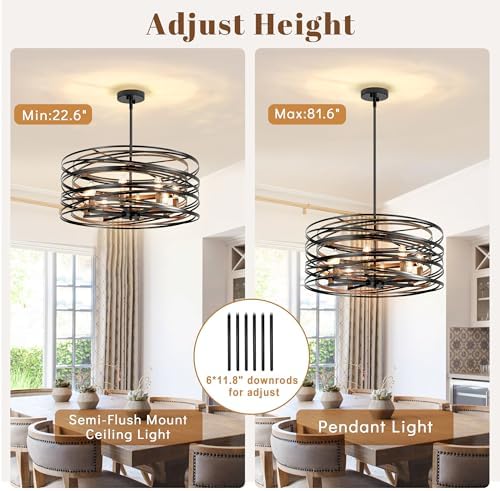 23.6" Black 8-Light Farmhouse Drum Chandelier