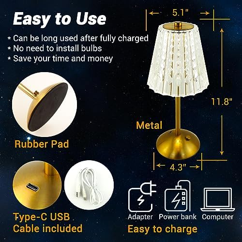 Cordless Rechargeable LED Table Lamp, Crystal Gold