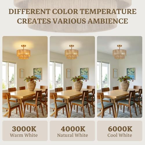 3-Light Rattan Semi Flush Mount Ceiling Light, 12.6''