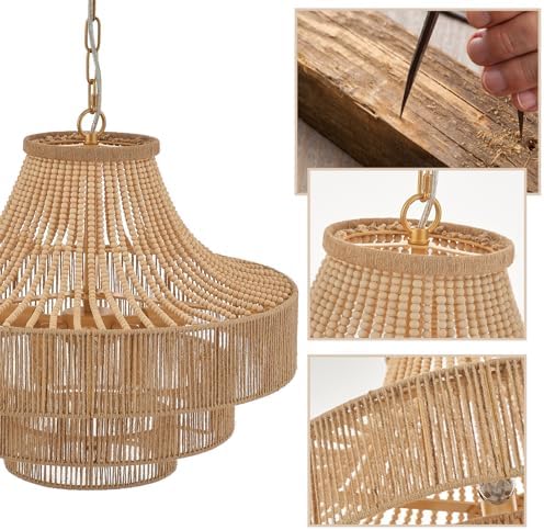 6-Light Wood Beaded Rattan Chandelier, 20-Inch