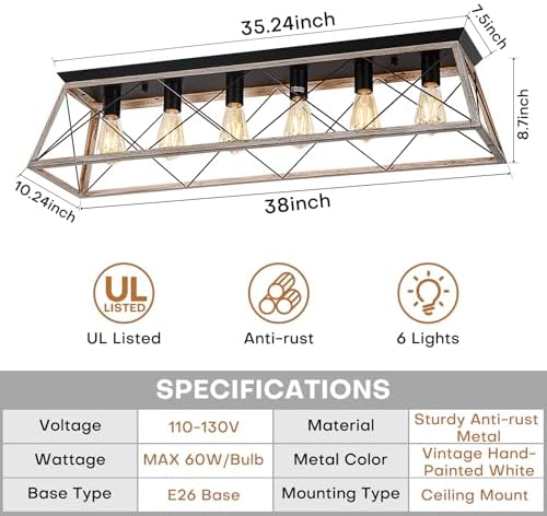38" Rectangular Flush Mount Ceiling Light, Oak White