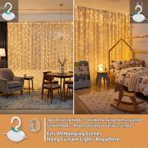 HXWEIYE 300LED Fairy Curtain Lights, 9.8x9.8Ft USB, Remote, 8 Modes &