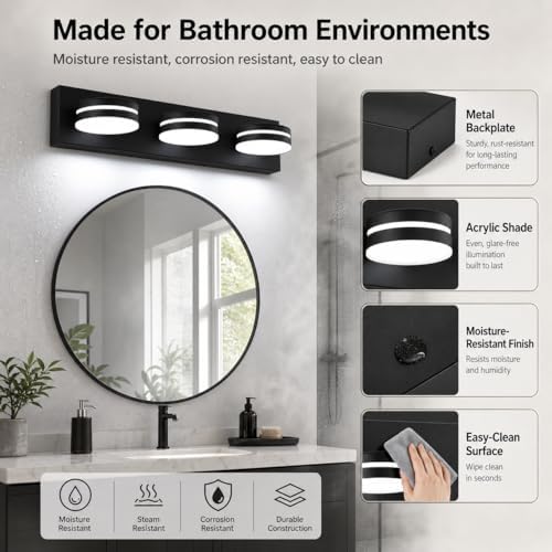 24inch Matte Black 3-Light LED Vanity Light