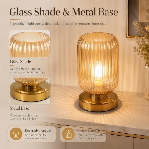 Amber Cordless Glass Table Lamp, 3 Color Modes