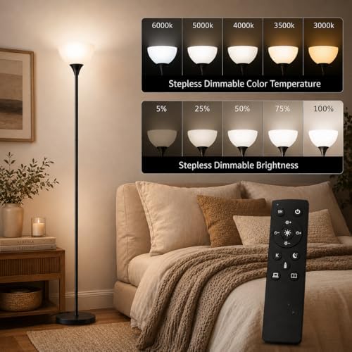 PESRAE Floor Lamp, Remote Control, Stepless Brightness