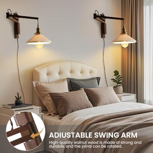 Walnut Plug-in Swing Arm Wall Sconce with Ceramic Shade