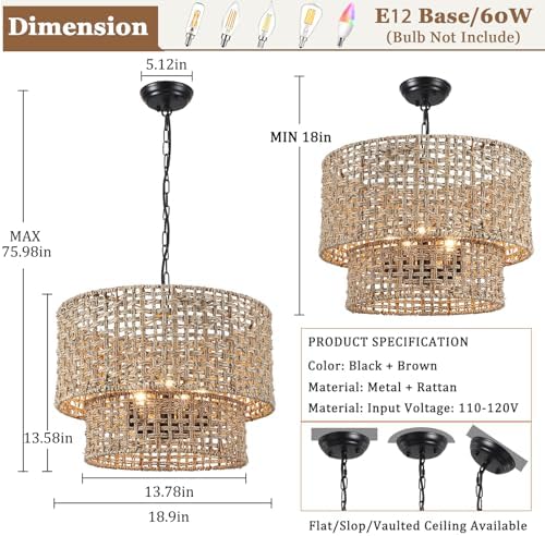 18.9" 5-Light Rattan Drum Chandelier