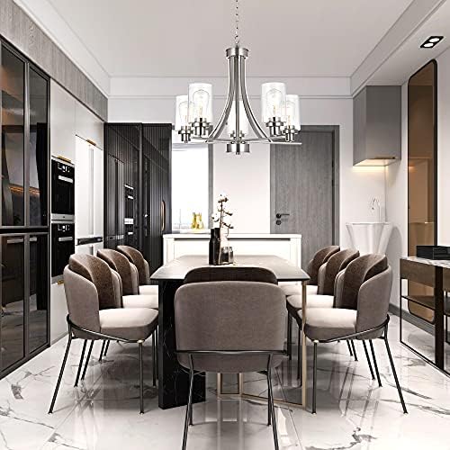 BONLICHT 5-Light Brushed Nickel Chandelier, Clear Glass Shade