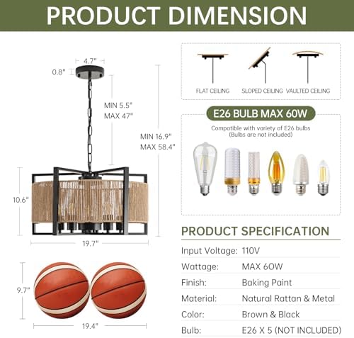 19.7" Black Rattan Chandelier, Modern Dining Light Fixture