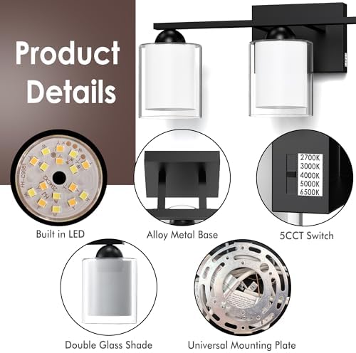 Quntis 16 Inch LED Bathroom Vanity Light, Black