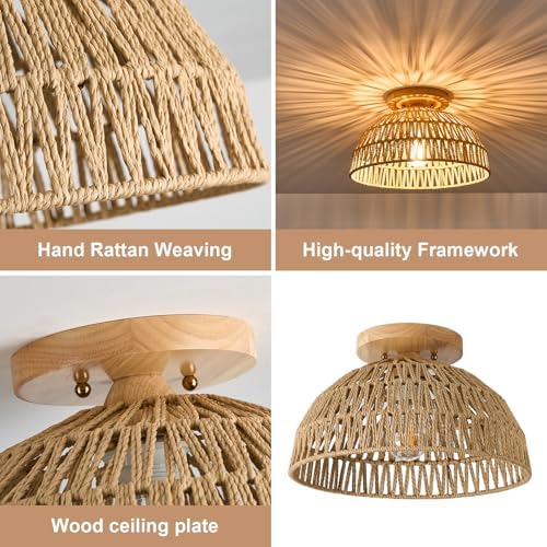 13 Inch Rattan Flush Mount Ceiling Light