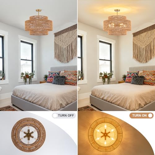 23.6" Rattan 6-Light Flush Mount Ceiling Light