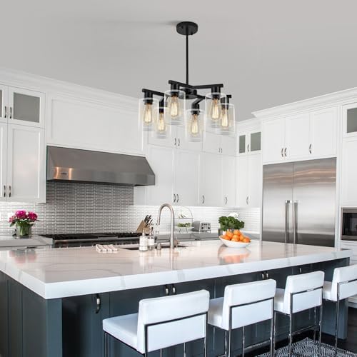 6-Light Black Farmhouse Chandelier, Clear Glass Shade