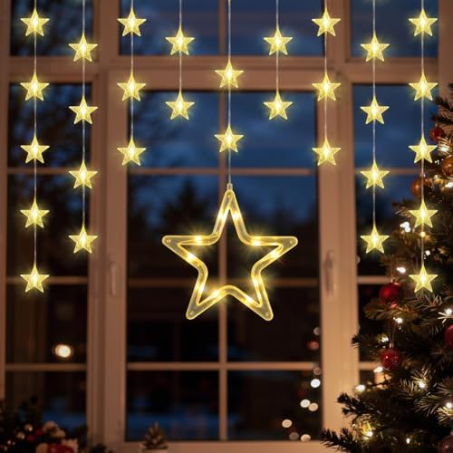 Lewondr 82 LED Christmas Star Curtain Lights