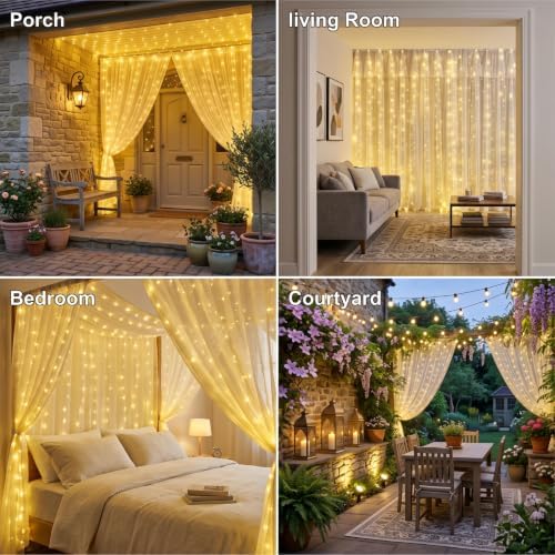 HXWEIYE 300LED Fairy Curtain Lights, 9.8x9.8Ft USB, Remote, 8 Modes &