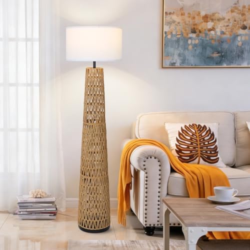 Large Boho Rattan Floor Lamp with Linen Shade