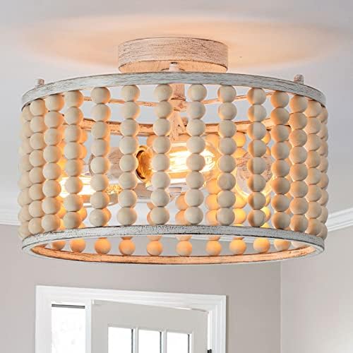 tewei Wood Beaded Boho Chandelier, Oak White