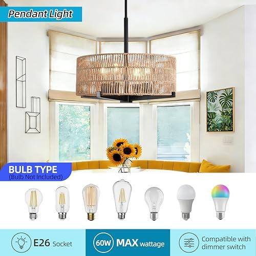 4-Light 17.7" Rattan Boho Farmhouse Chandelier