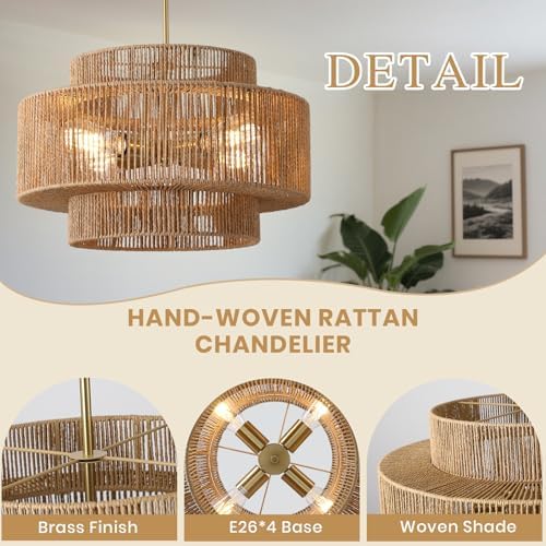 17.7" Boho Rattan Chandelier, 4-Light