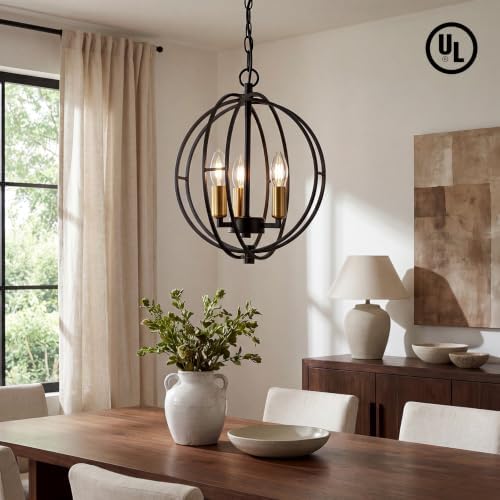 3-Light Farmhouse Chandelier, Black Metal Globe Pendant Light