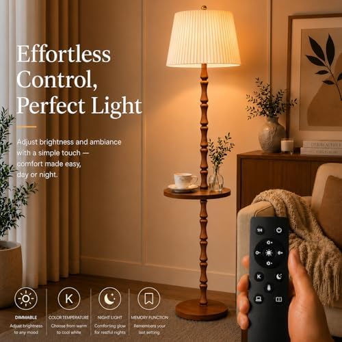 Real Wood Floor Lamp with Built-in Tray, Light Walnut