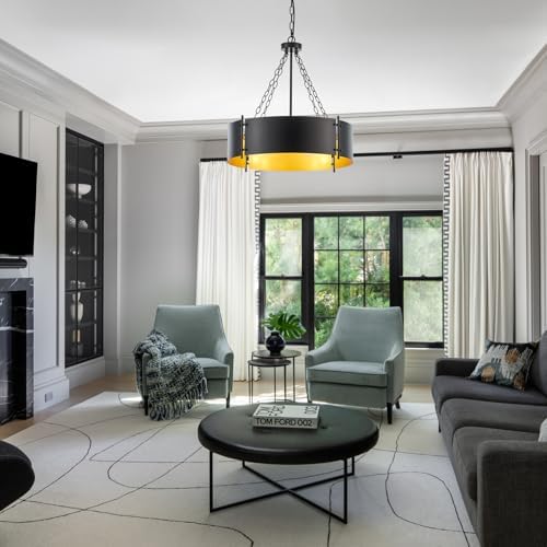 6-Light Black and Gold Drum Chandelier, 23.72"