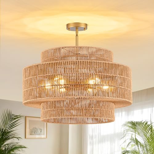 23.6" Rattan 6-Light Flush Mount Ceiling Light