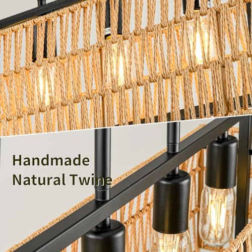 32" Rattan Chandelier, Rectangle Linear Light