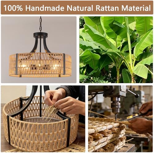 Large Farmhouse Rattan Chandelier, 6-Light