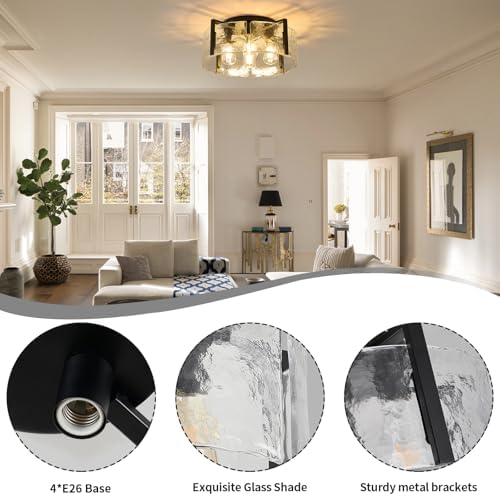 Black 17.7-Inch Glass Drum Semi Flush Mount Ceiling Light
