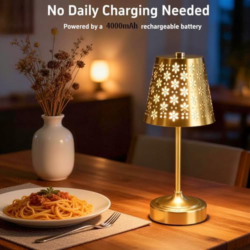 Cordless Table Lamp with Floral Cutout Shade, Gold