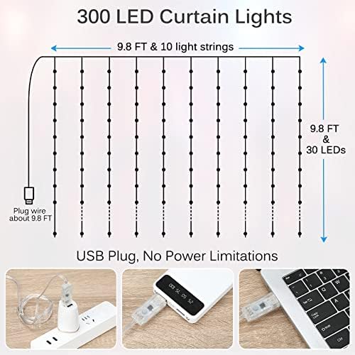 LED Curtain Lights, 9.8ft x 9.8ft 300 LED Color Changing