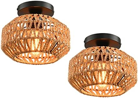 2-Pack Boho Rattan Semi-Flush Mount Ceiling Lights