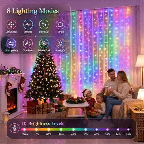 Fairy Curtain Light, 300LED 9.8x9.8ft, Remote & 8 Modes, USB