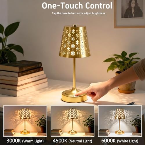 Cordless Table Lamp with Floral Cutout Shade, Gold