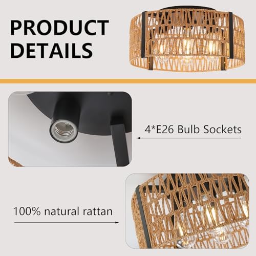 4-Light Rattan Farmhouse Flush Mount Ceiling Light, 17.7"